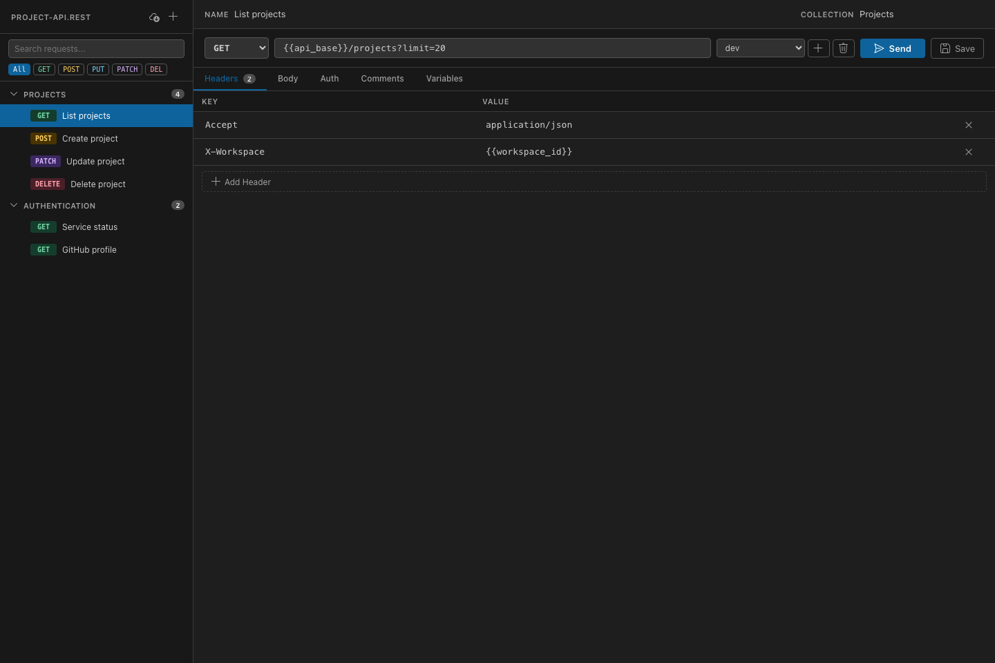 Select a request and configure its headers