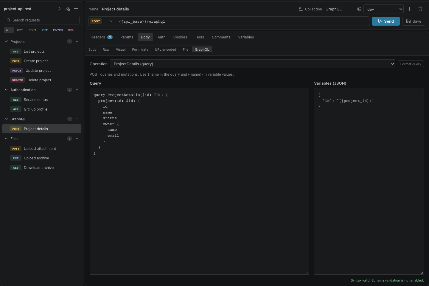 Edit a GraphQL query and JSON variables with operation selection and syntax validation