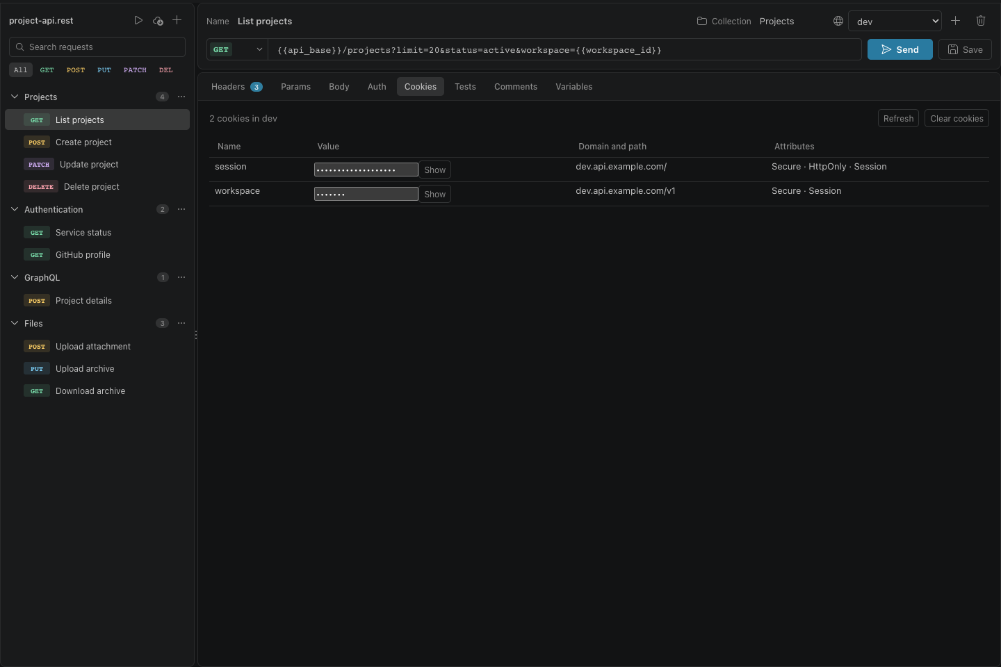 Inspect environment cookies with masked values, security flags, and session controls