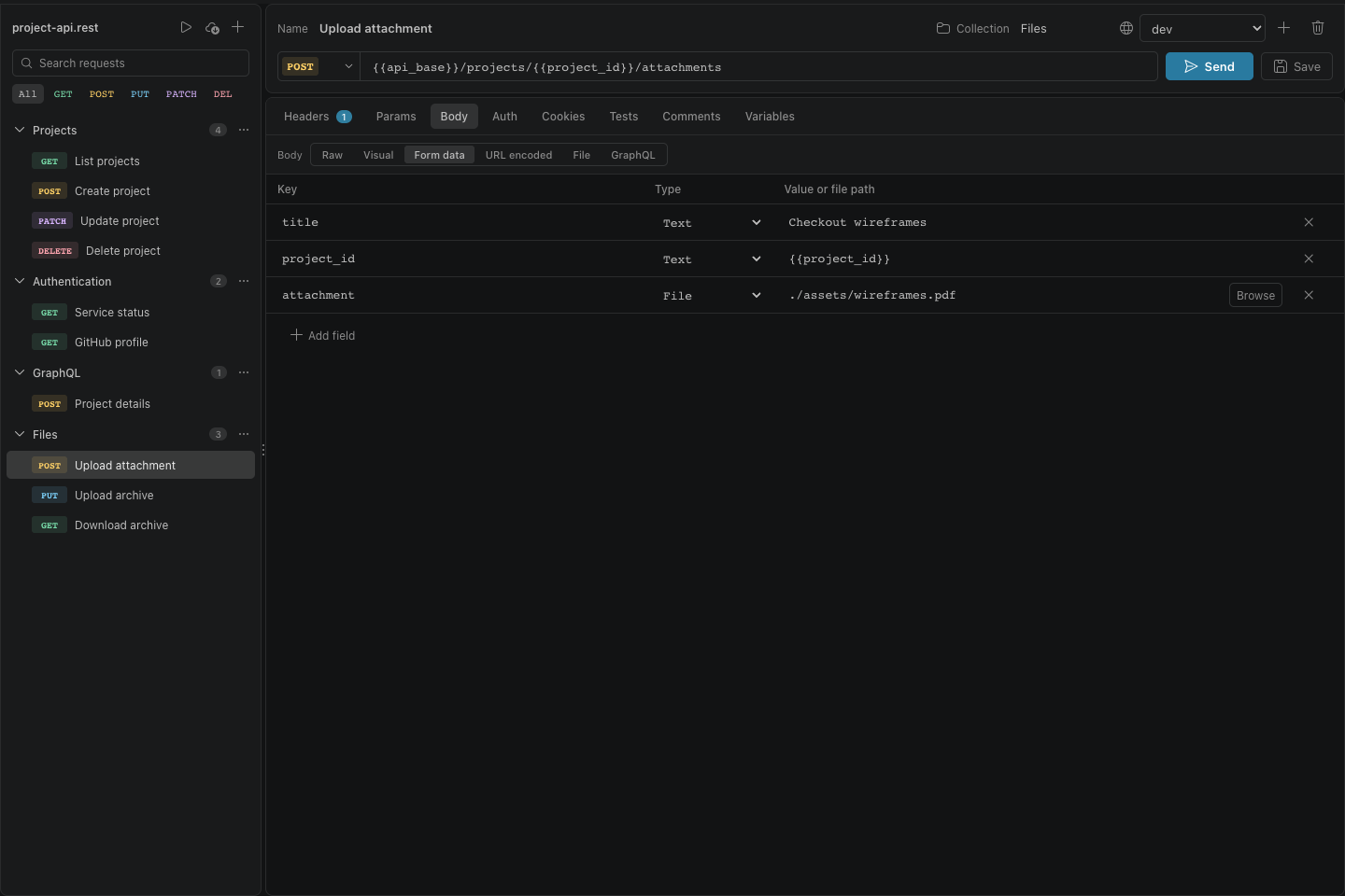 Combine text fields, variable references, and a file attachment in multipart form data