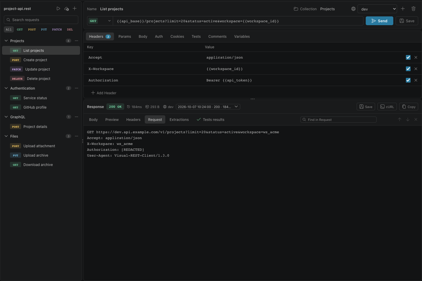 Inspect the resolved sent request with authorization redacted and cURL export available