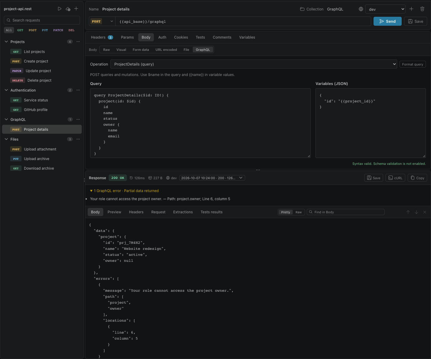 Inspect GraphQL errors with paths and locations alongside an HTTP 200 partial response